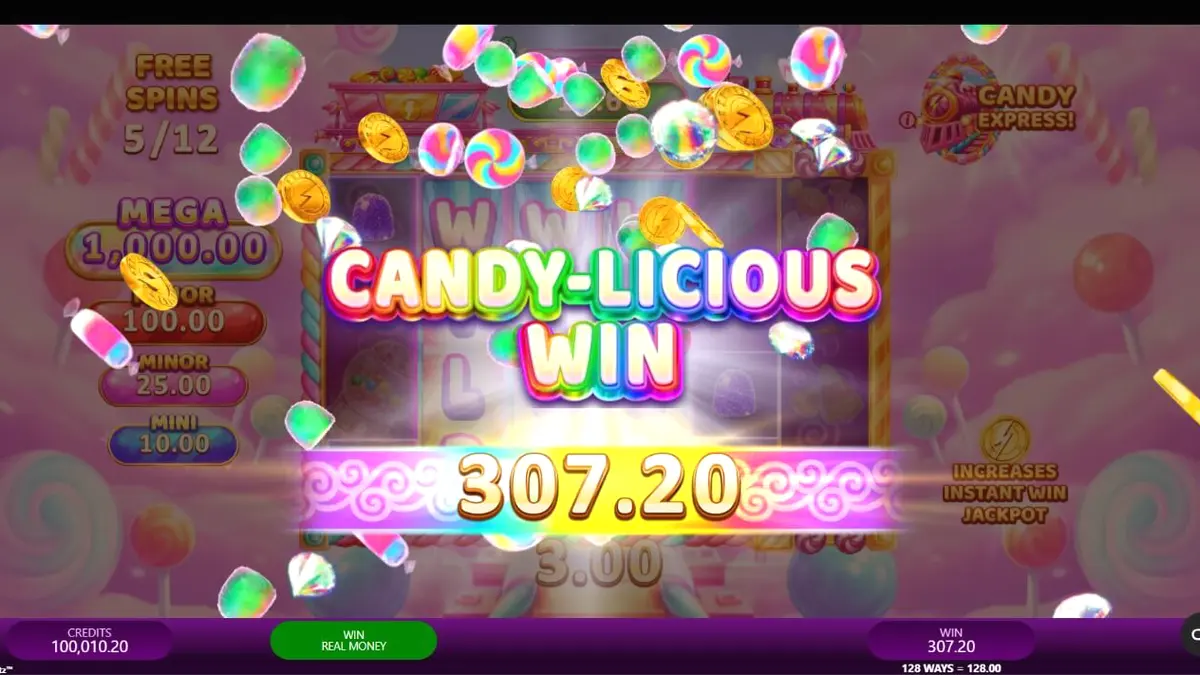 Giao diện trò chơi slot Candy Express Gold Blitz với các biểu tượng kẹo rực rỡ